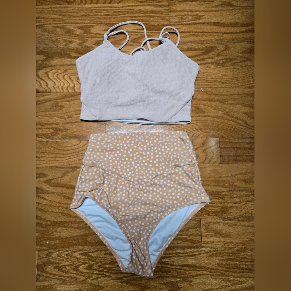 Pale Pink Crop Top and Tan/pink Polka Dot High-Waisted Bikini Set